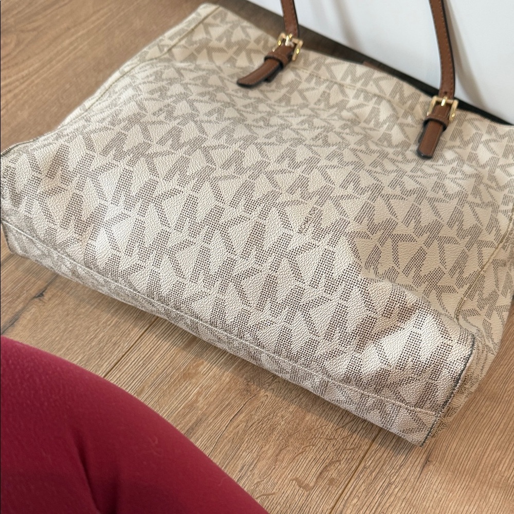 Michael Kors Cream and Brown Tote Bag coated leather gold purse handbag MK - Picture 7 of 11